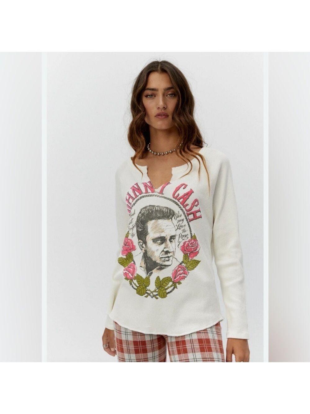Daydreamer Women's Long Sleeve Johnny Cash Roses Thermal Tee Romantic NWT Cozy